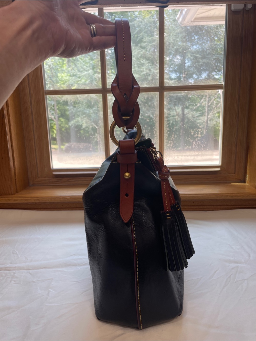 Dooney & Bourke Navy Florentine Twist Strap Hobo Brown Trim and Tassel - Picture 8 of 16